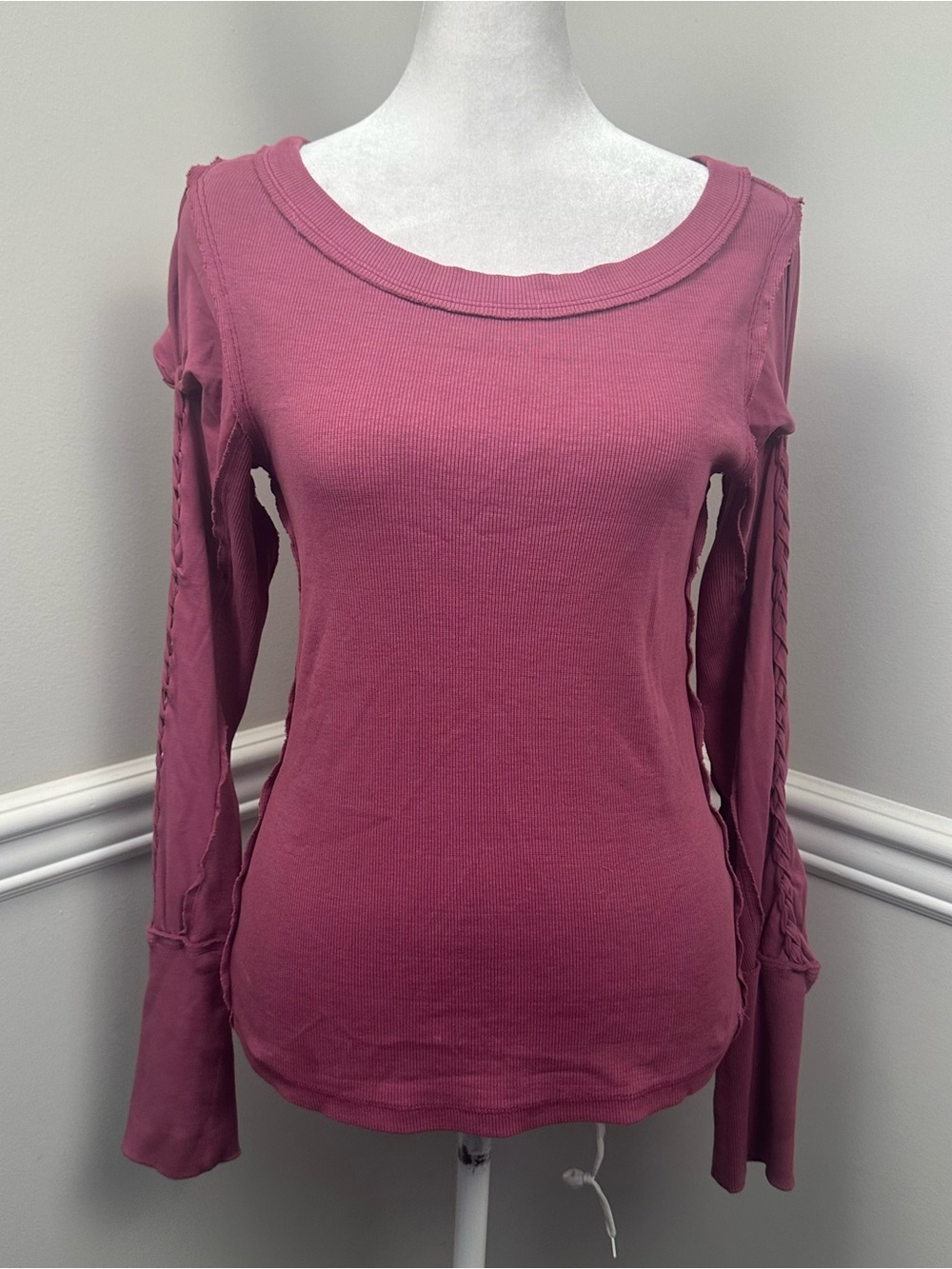 We The Free Braided-Sleeve Scoop Neck Long Sleeve Top in Plum S